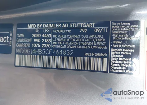 2012 Mercedes-Benz C 250 from USA, damaged, VIN WDDGJ4HB5CF764832